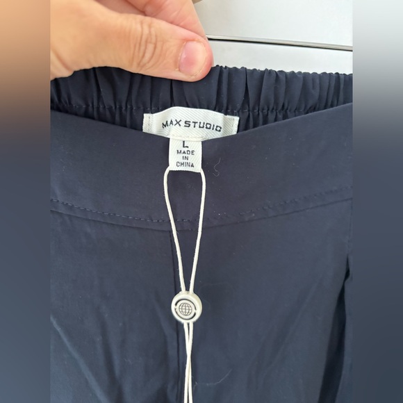 Max Studio Navy Wide Leg Pants Elastic Waist Minimalist Draped Trousers L - Picture 5 of 8